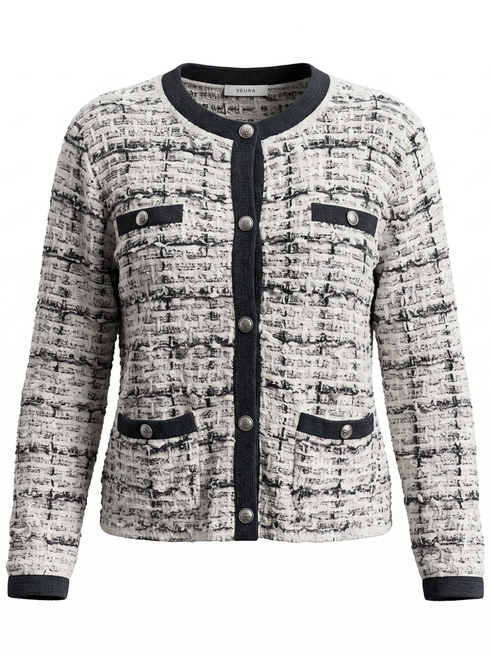Sioni Cream and Black Tweed-Style Button Cardigan